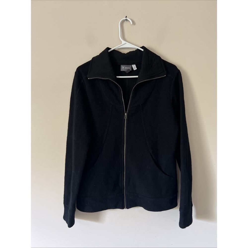 Ibex 100% Merino Wool Full Zip Knit Jacket Women's Medium Black Mock Neck USA